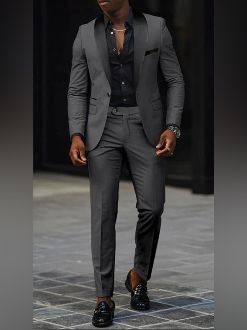 Modern Dark Gray Two-Piece Tux suit with Black Satin Lapel